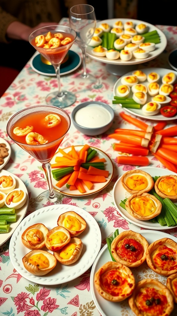A nostalgic display of classic 60s appetizers including shrimp cocktail, deviled eggs, stuffed celery, and mini quiches on a retro table.